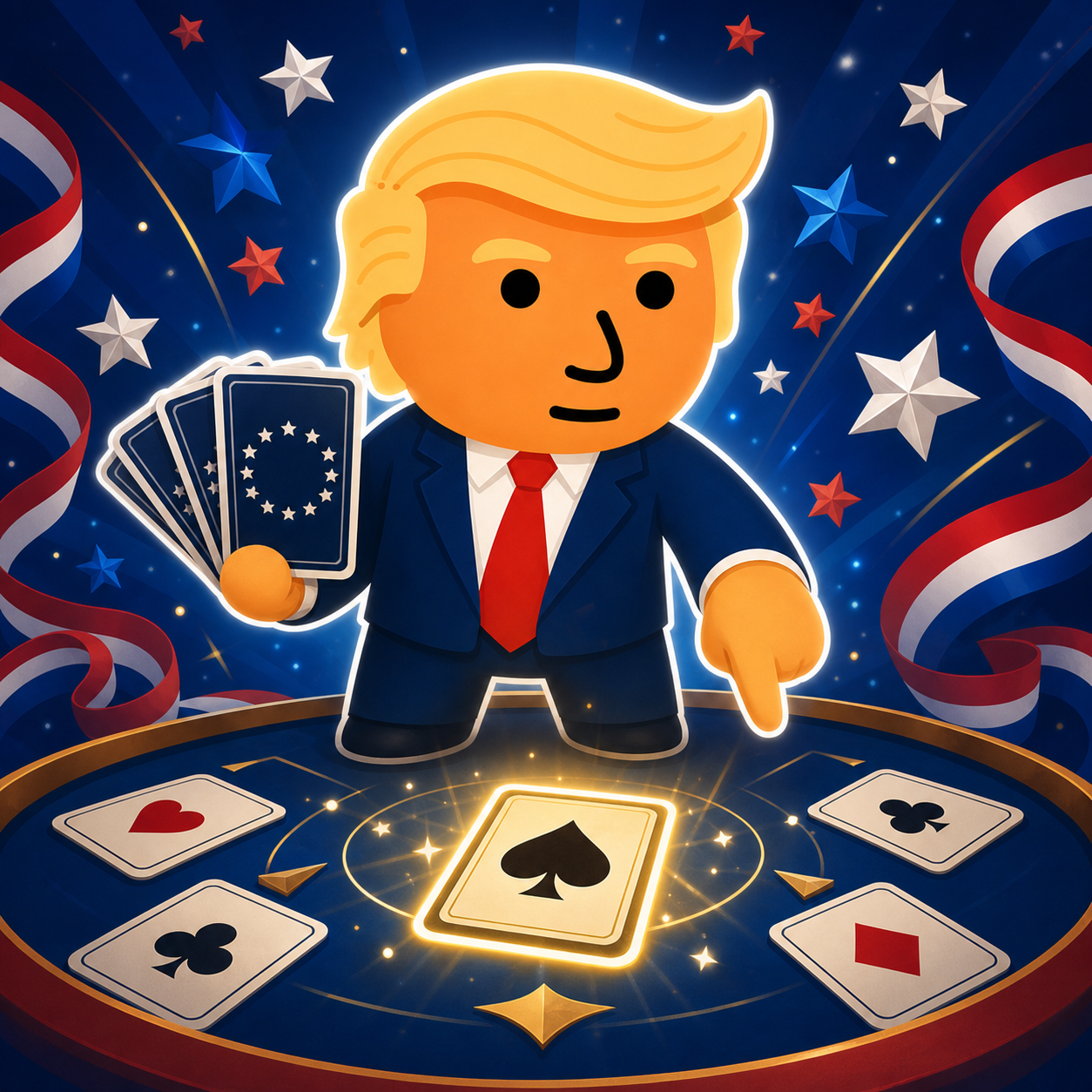 Trumplet mascot pointing at a glowing trump card table
