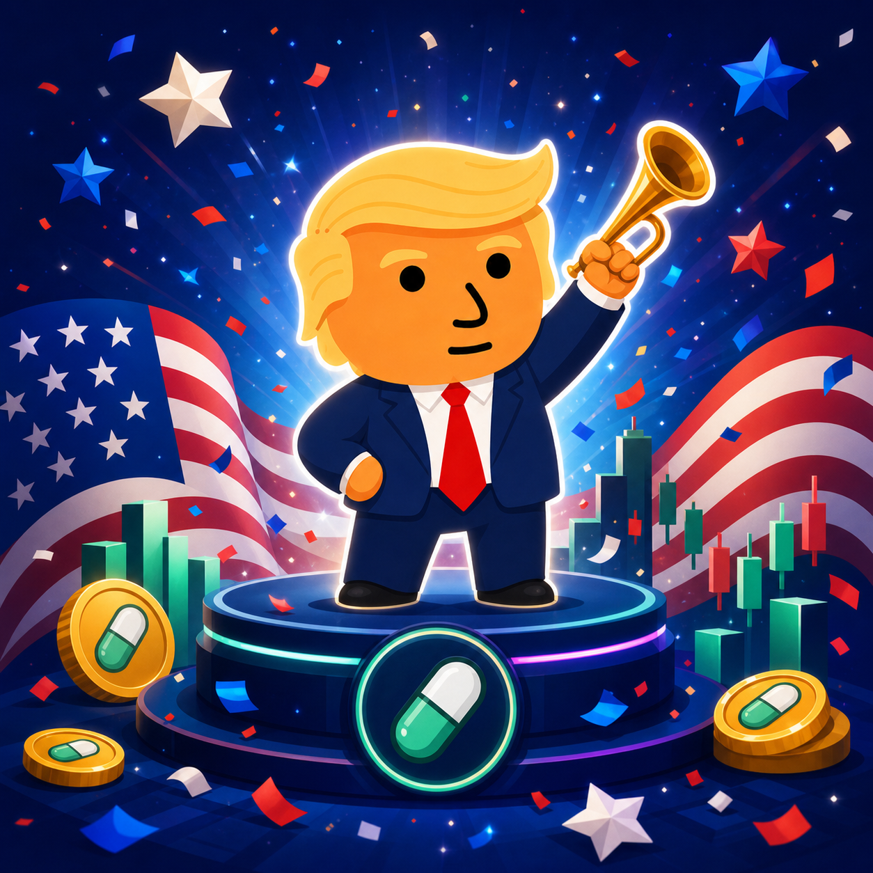 Trumplet mascot raising a trumpet on a launch podium