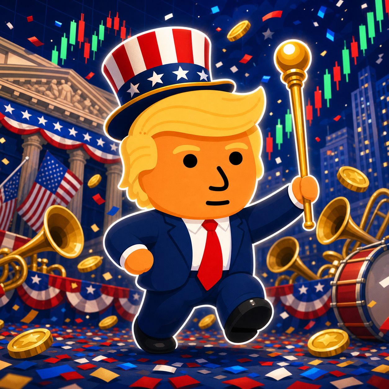 Trumplet mascot marching in a Wall Street parade