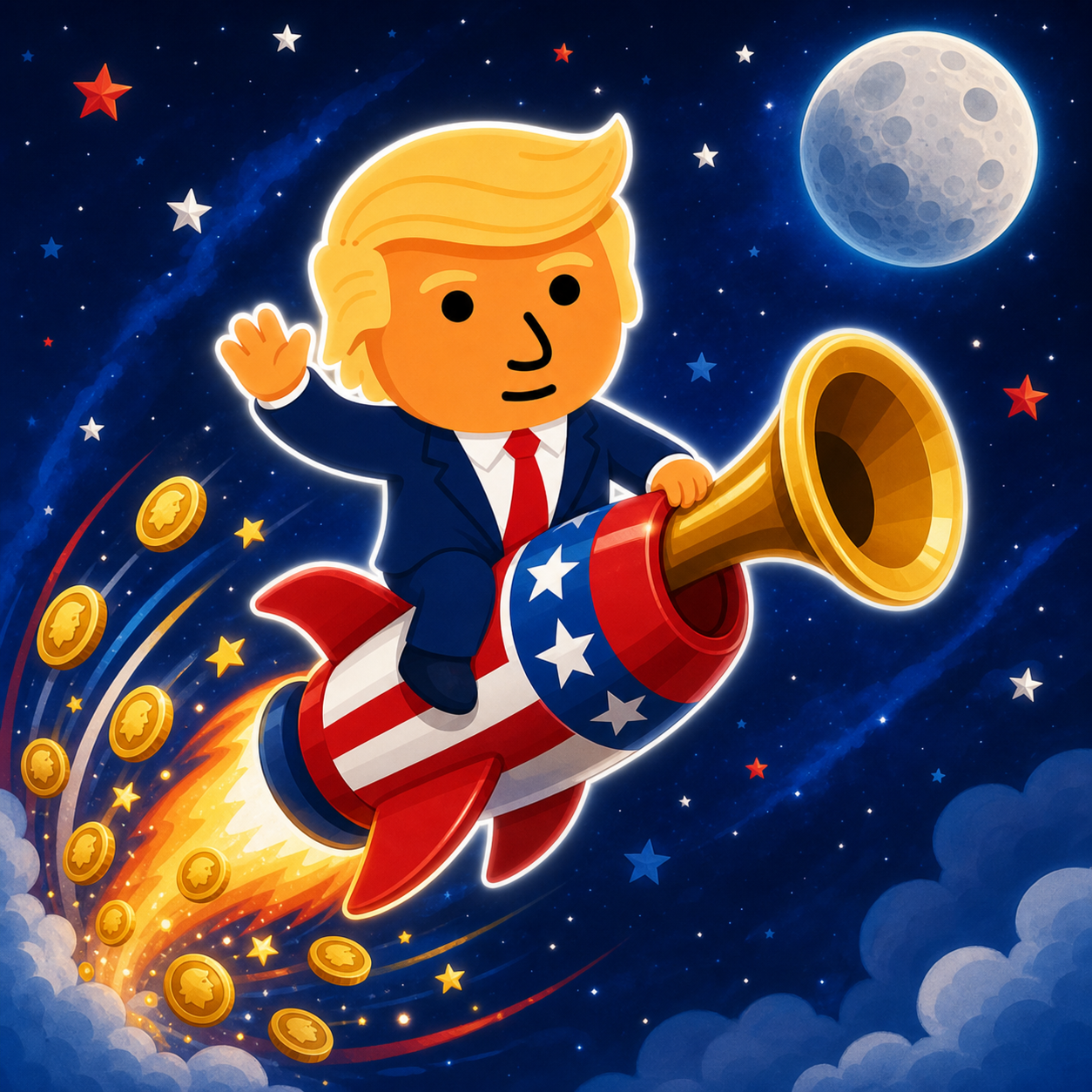 Trumplet mascot riding a patriotic trumpet rocket