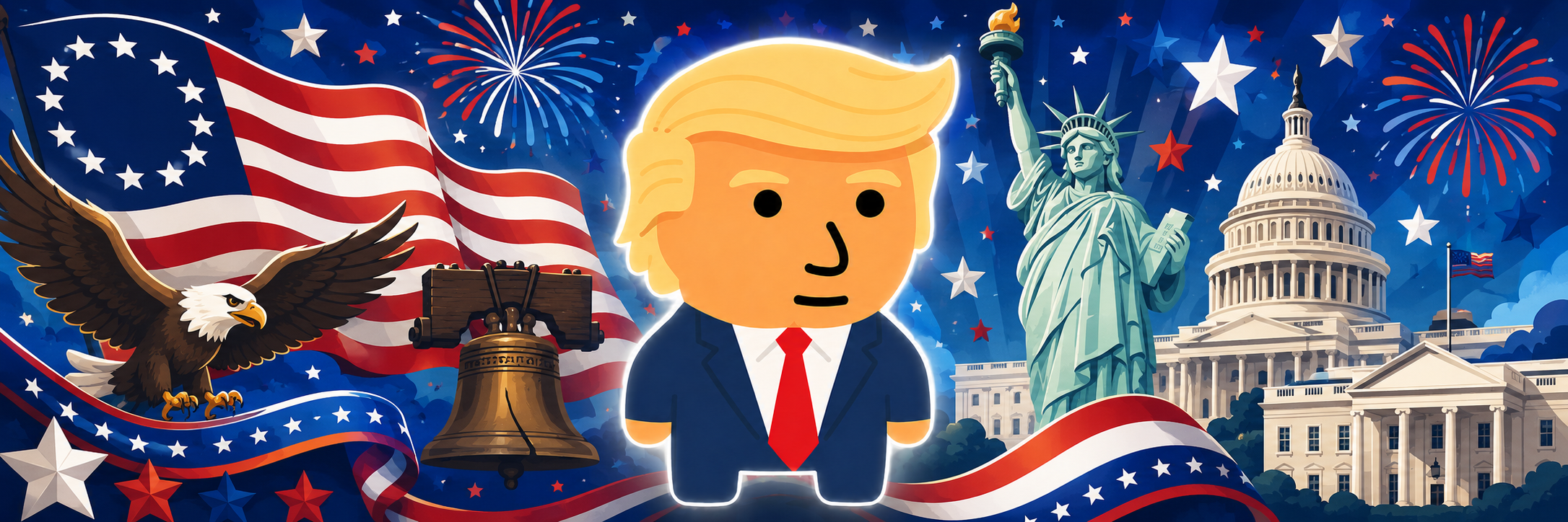 Trumplet banner with patriotic characters and landmarks